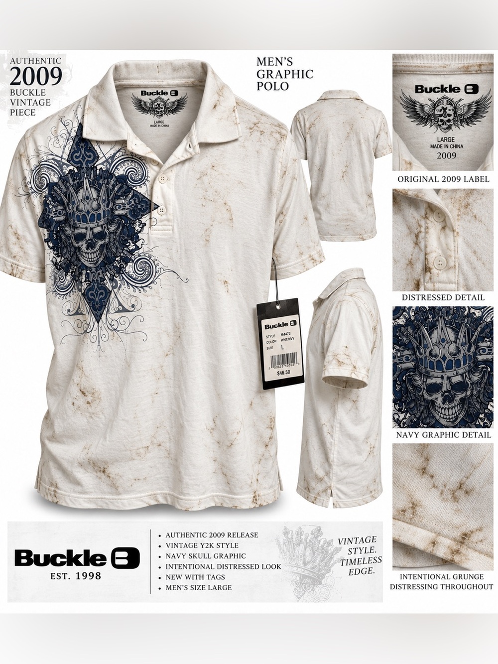 NWT Affliction Vintage y2k Polo Shirt with Navy Skull Crest